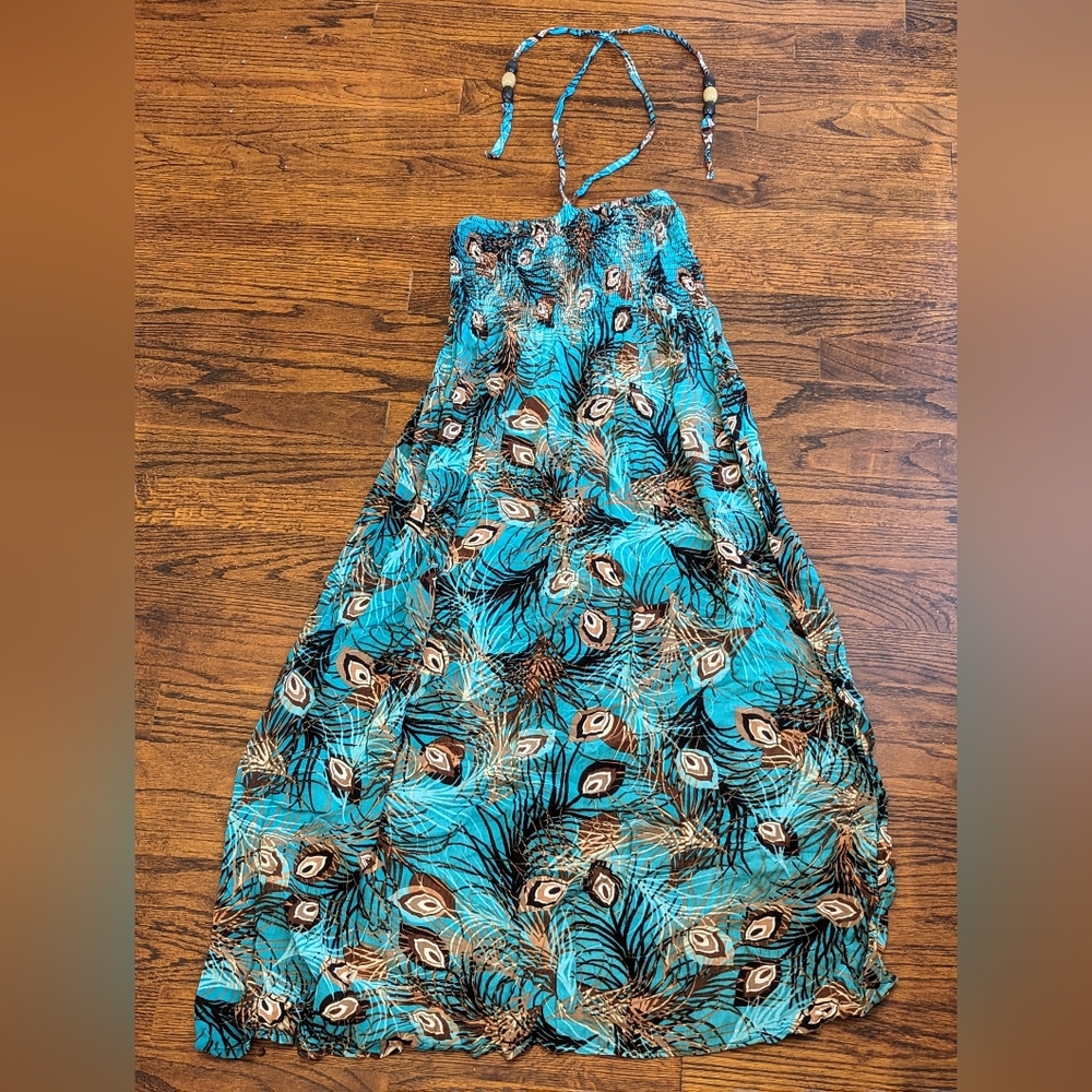 Turquoise Peacock Print Strapless Maxi